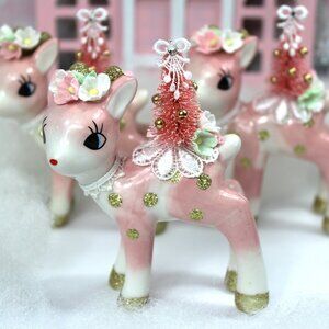 Pink Deer & Bottle Brush Tree Figurine: Vintage Style Christmas Decor